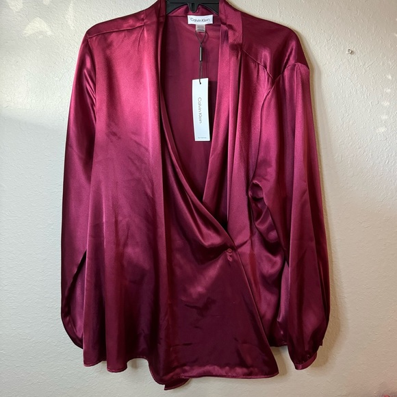 Calvin Klein Tops - NWT Calvin Klein Faux Satin Wrap Puffy Sleeve Blouse 3X Cranberry